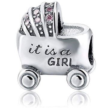 It's a Girl Baby Carriage Bead Charm