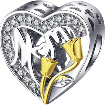 Mom Gold Tulip Heart Bead Charm