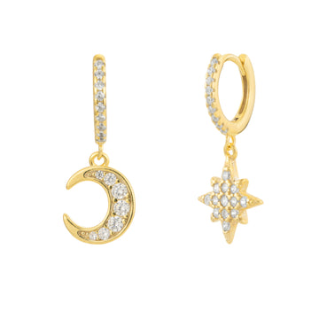 Crescent Moon & Star Crystal Dangle Hoop Earrings