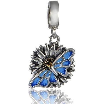Monarch Blue Butterfly on Sunflower Pendant Charm